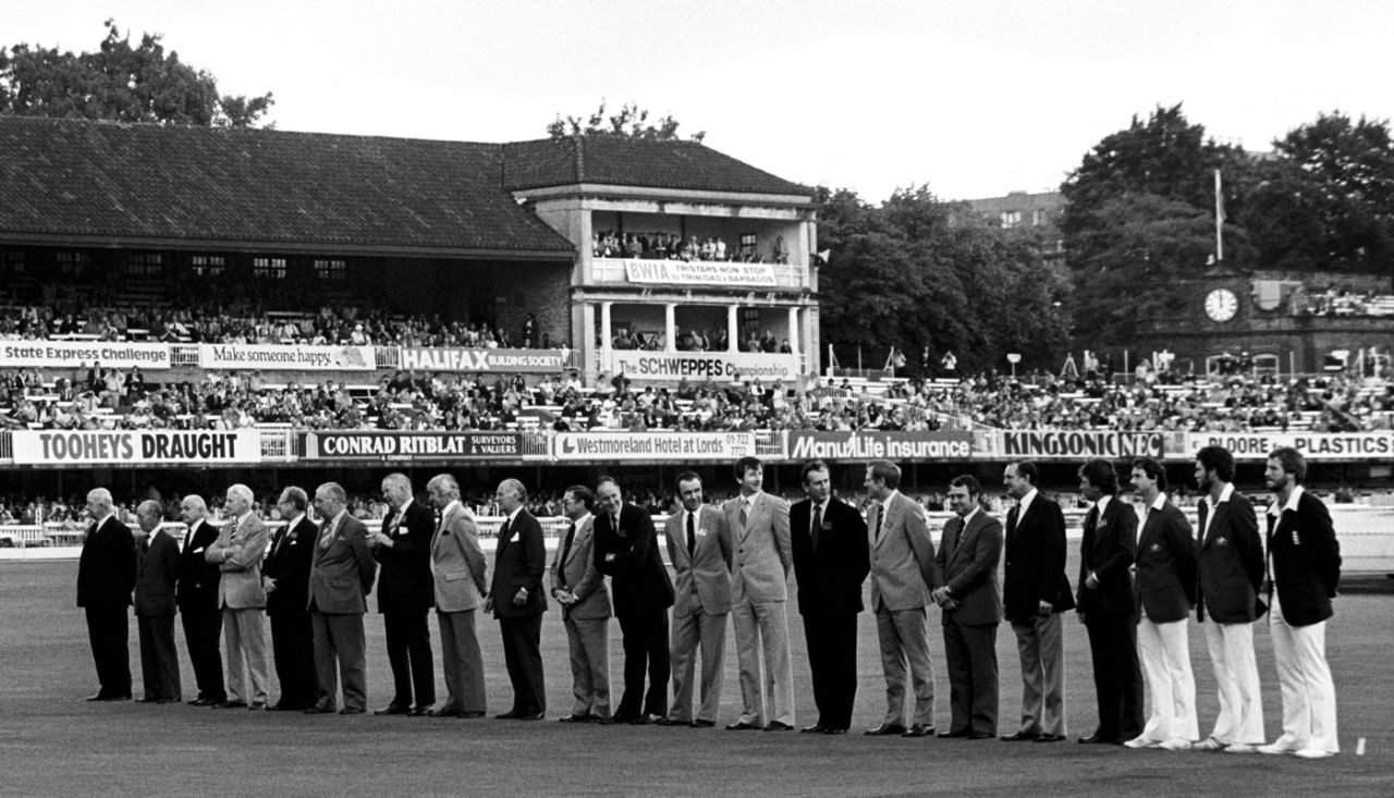 Former and current captains of England and Australia line up. From left:  Bob Wyatt, Lindsay Hassett, Gubby Allen, Cyril Walters, Arthur Morris, Norman Yardley, Freddie Brown, Richie Benaud, Len Hutton, Neil Harvey, Peter May, Bob Simpson, Bill Lawry, Ted Dexter, Mike Smith, Barry Jarman, Tom Graveney, Ian Chappell, Graham Yallop, Greg Chappell and Ian Botham, England v Australia, Centenary Test, Lord's, 3rd day, August 30,  1980
