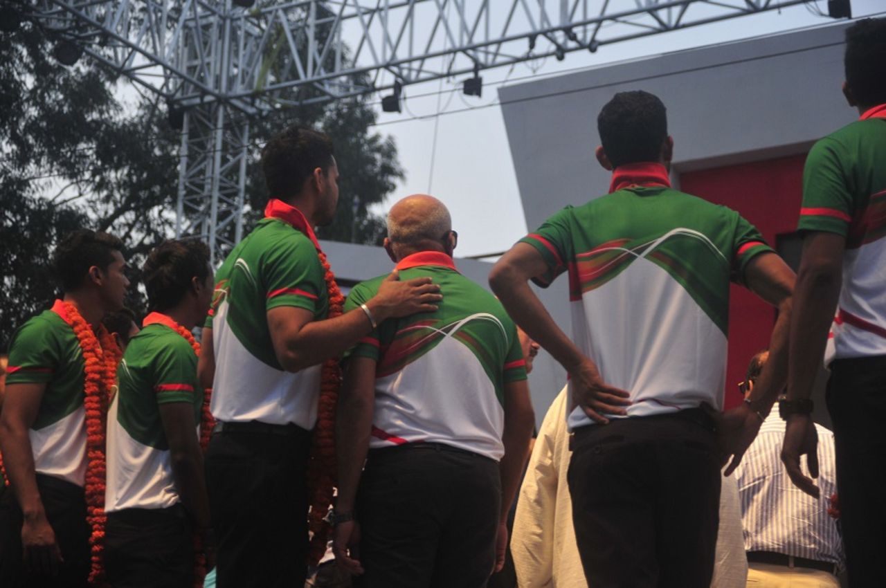 The Bangladesh players at a felicitation ceremony after their World Cup success, Dhaka, April 11, 2015