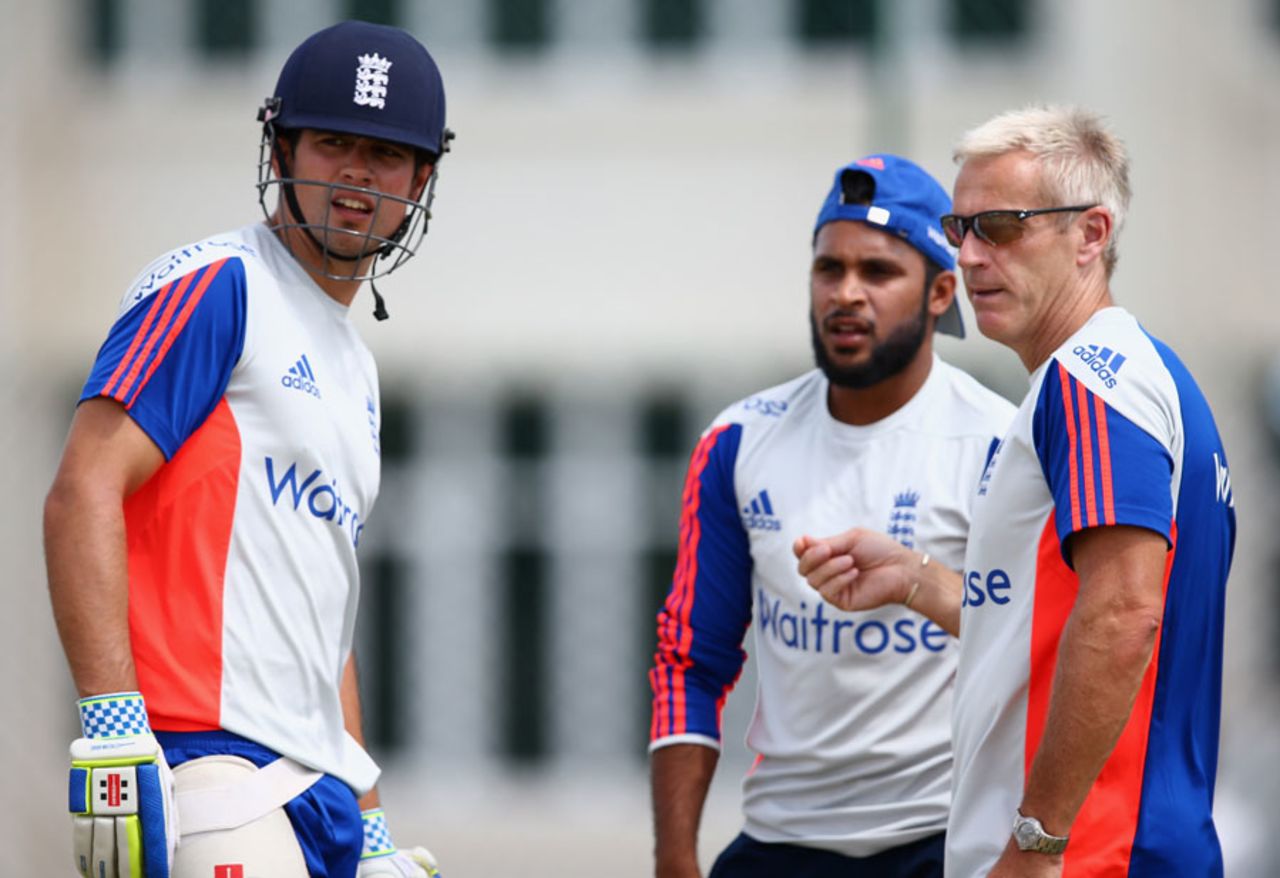 Alastair Cook, Adil Rashid and Peter Moores at net practice, Antigua, April 11, 2015