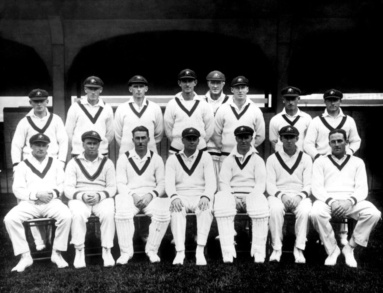 The Australian 1930 Ashes tourists. Back row (left to right): Stan McCabe, Alec Hurwood, Tim Wall, Percy Hornibrook, Alan Kippax, Ted a'Beckett, Clarrie Grimmett, Bert Oldfield; Front row: Don Bradman, Bill Ponsford, Vic Richardson, Bill Woodfull, Charlie Walker, Archie Jackson, Alan Fairfax, May 9, 1930