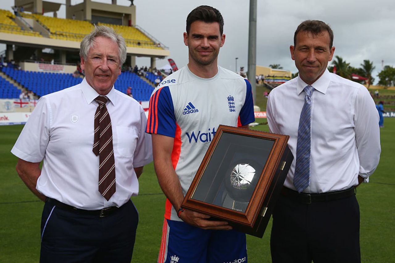 James Anderson was presented with a silver cap to mark his 100th Test, West Indies v England, 1st Test, North Sound, April 13, 2015