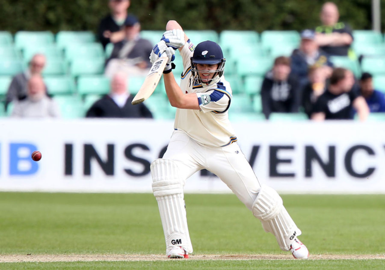 Alex Lees drives during his innings of 87, Worcestershire v Yorkshire, County Championship, Division One, New Road, 2nd day, April 13, 2015