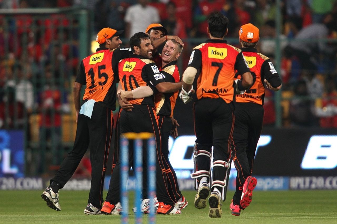David Warner is mobbed by team-mates after he took Mandeep Singh's catch, Royal Challengers Bangalore v Sunrisers Hyderabad, IPL 2015, Bangalore, April 13, 2015