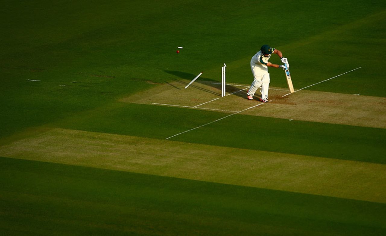 Steven Mullaney is bowled in the evening sunlight at Lord's, Middlesex v Nottinghamshire, County Championship Division One, Lord's, 2nd day, April 13, 2015