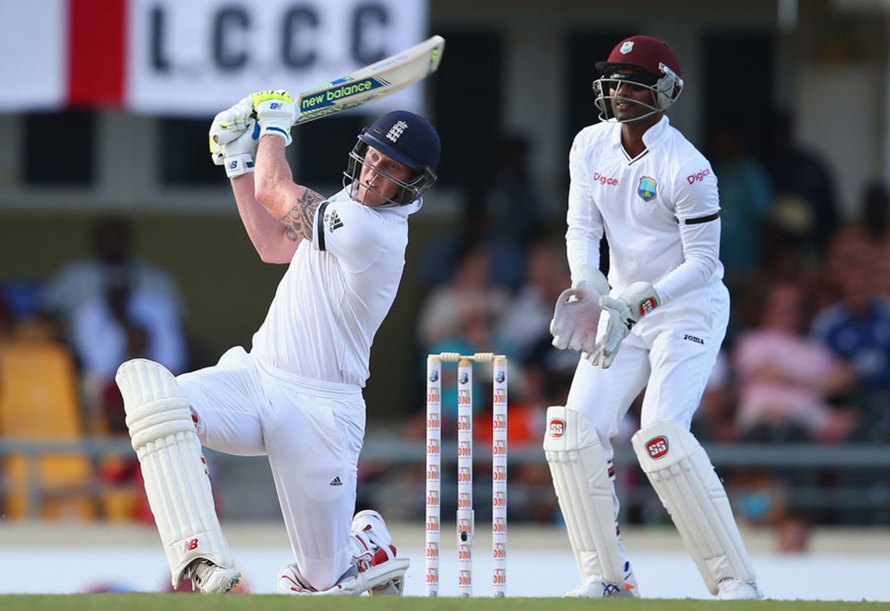 Ben Stokes unleashes a six during his rapid half-century, West Indies v England, 1st Test, North Sound, April 13, 2015