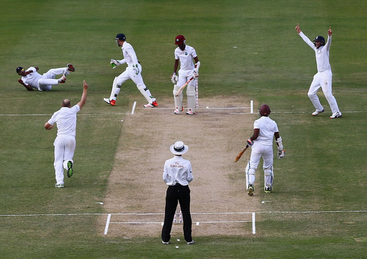 Chris Jordan went low to his right at slip to take a fantastic catch, West Indies v England, 1st Test, North Sound, 2nd day, April 14, 2015