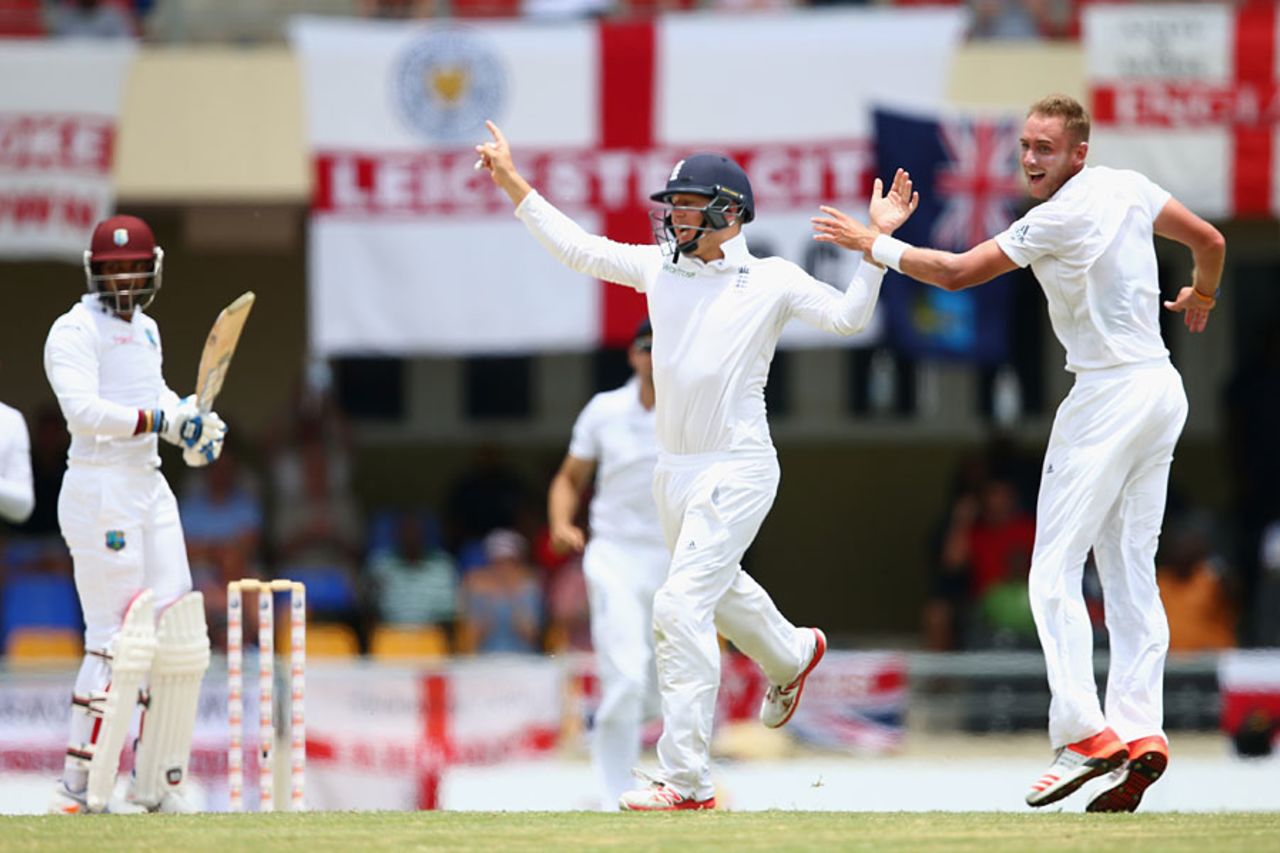 Stuart Broad removed Denesh Ramdin with a glove down the leg side, West Indies v England, 1st Test, North Sound, 3rd day, April 15, 2015