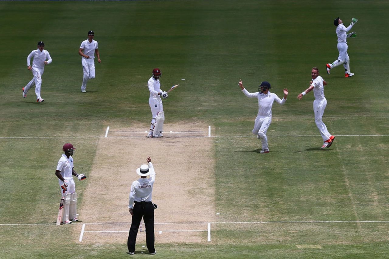 Billy Bowden raises a finger to confirm Denesh Ramdin's fate, West Indies v England, 1st Test, North Sound, 3rd day, April 15, 2015