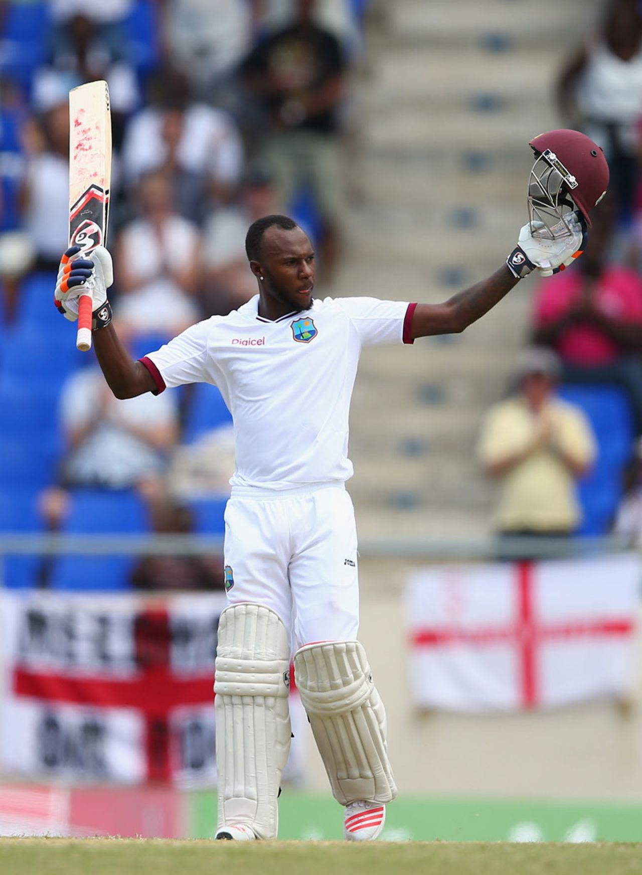 Jermaine Blackwood celebrates his maiden Test hundred, West Indies v England, 1st Test, North Sound, 3rd day, April 15, 2015