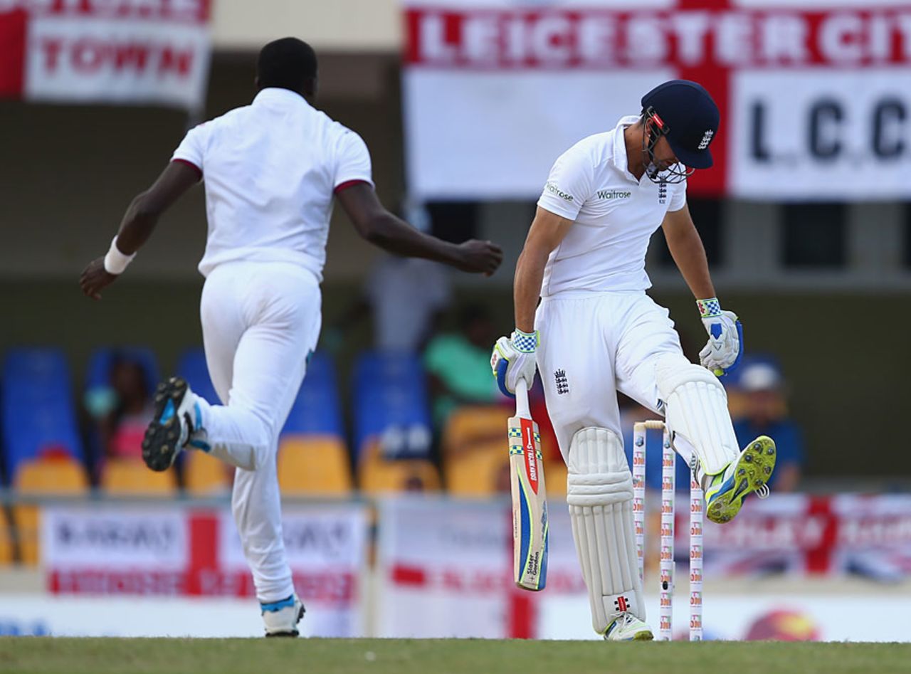 Alastair Cook fell cheaply to Jerome Taylor, West Indies v England, 1st Test, North Sound, 3rd day, April 15, 2015