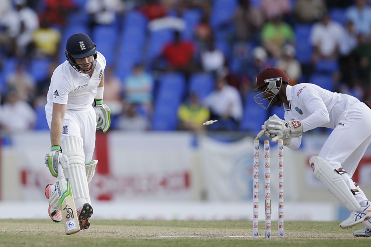 Ian Bell was run out after a mix-up with Gary Ballance, West Indies v England, 1st Test, North Sound, 3rd day, April 15, 2015