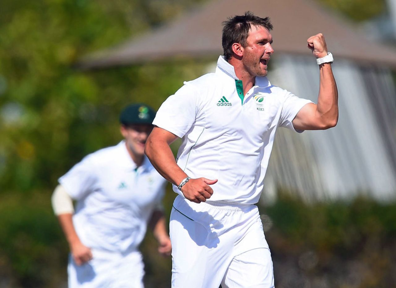 Hardus Viljoen celebrates a wicket, Australia A v South Africa A, 1st unofficial Test, Townsville, August 7, 2014