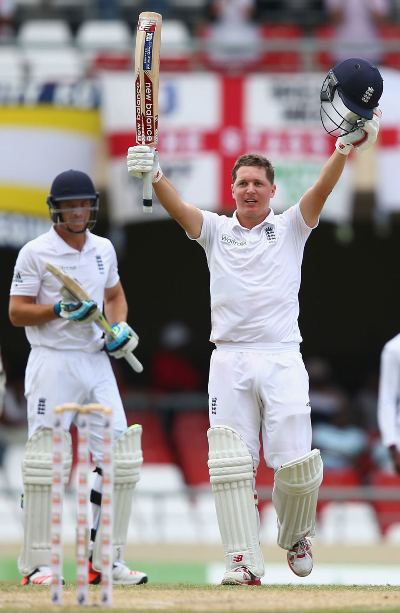 Gary Ballance celebrates his fourth Test hundred, West Indies v England, 1st Test, North Sound, 4th day, April 16, 2015