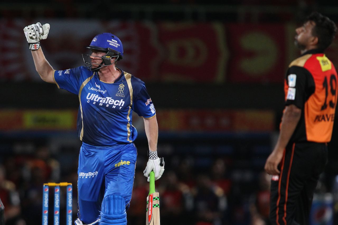 James Faulkner celebrates after hitting the winning runs, Sunrisers Hyderabad v Rajasthan Royals, IPL 2015, Visakhapatnam, April 16, 2015