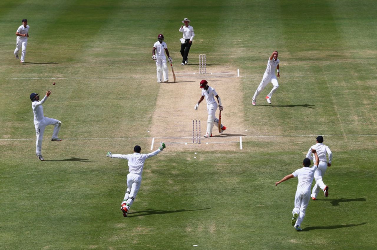 England celebrate the removal of Kraigg Brathwaite, West Indies v England, 1st Test, North Sound, 4th day, April 16, 2015