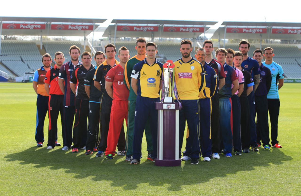 Representatives of the 18 counties pose the with NatWest Blast trophy, Edgbaston, April 16, 2015