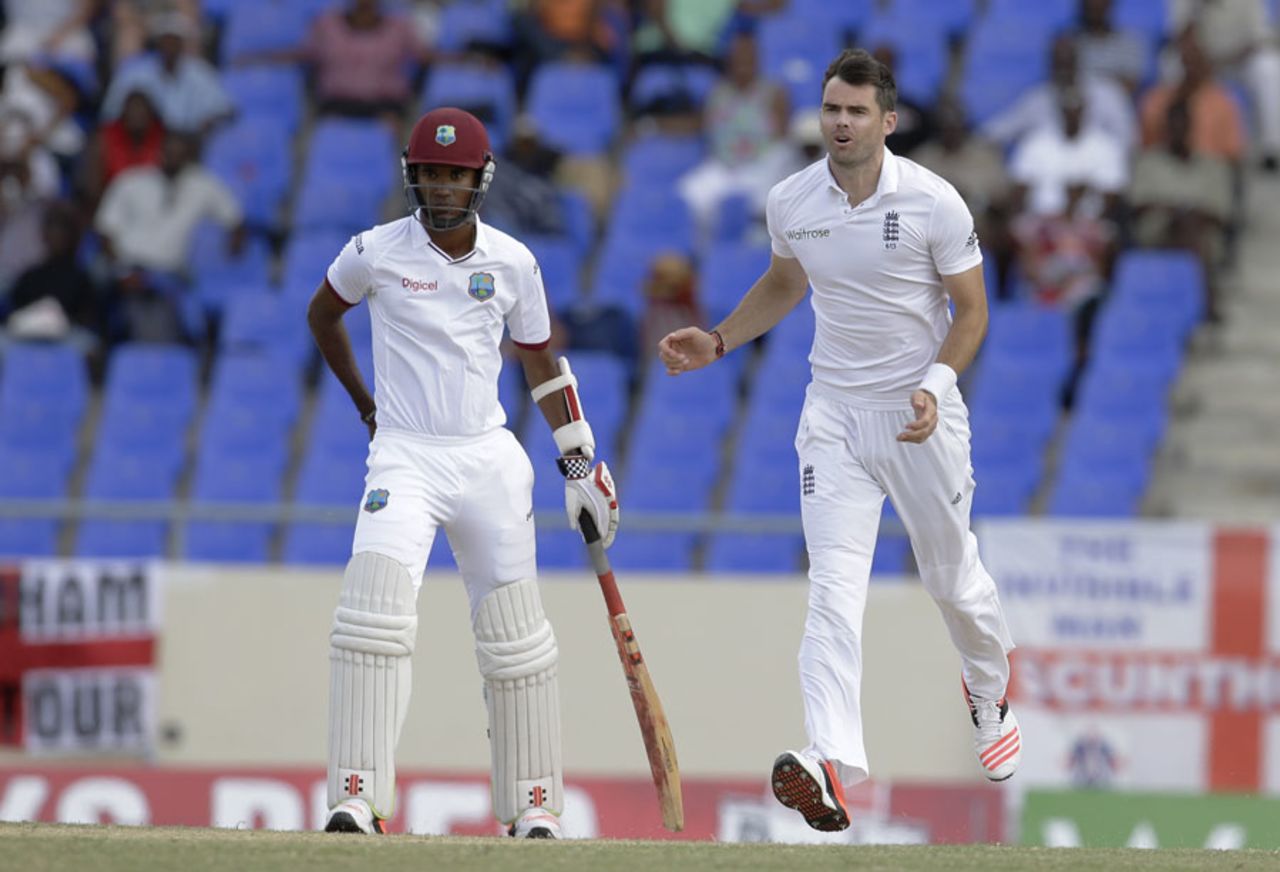 James Anderson was frustrated in his early attempts, West Indies v England, 1st Test, North Sound, 4th day, April 16, 2015