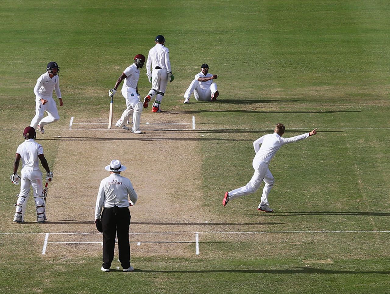 Joe Root sprints off in celebration after Chris Jordan's memorable catch, West Indies v England, 1st Test, North Sound, 4th day, April 16, 2015