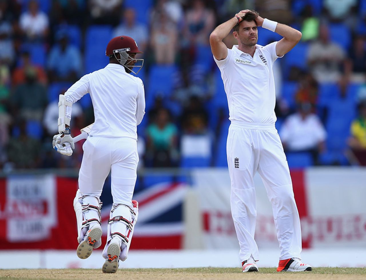 James Anderson produced an edge from Denesh Ramdin but it shot past gully, West Indies v England, 1st Test, North Sound, 5th day, April 17, 2015