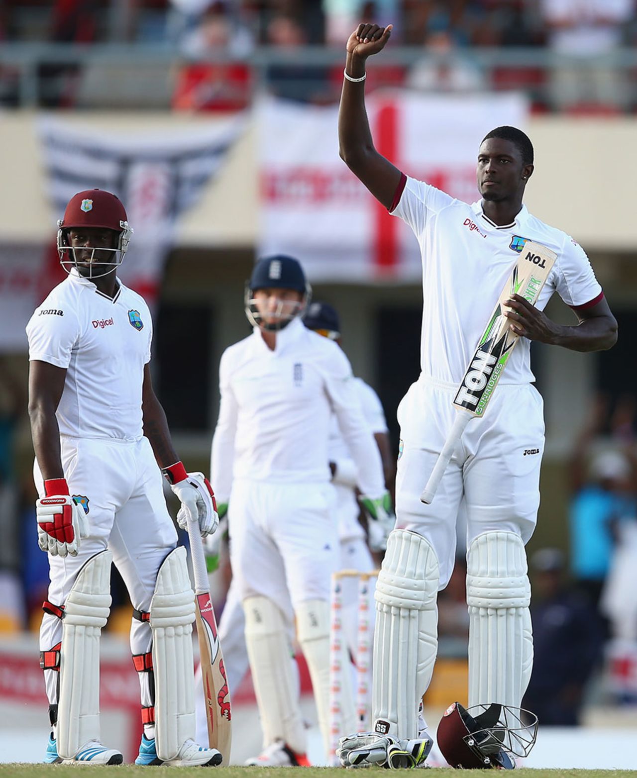 Jason Holder quietly celebrated a magnificent maiden Test, and first-class, century, West Indies v England, 1st Test, North Sound, 5th day, April 17, 2015