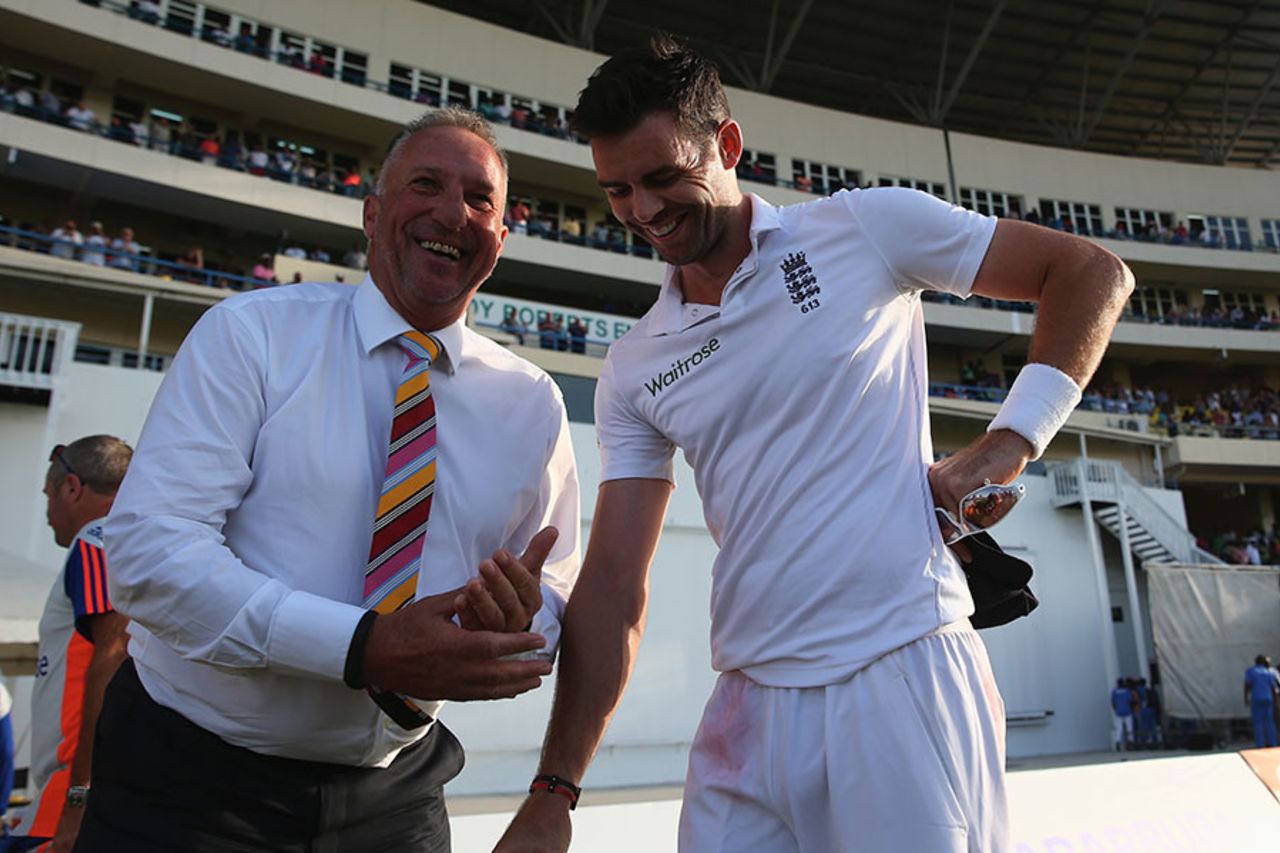 Record-holders old and new: Ian Botham chats to James Anderson, West Indies v England, 1st Test, North Sound, 5th day, April 17, 2015