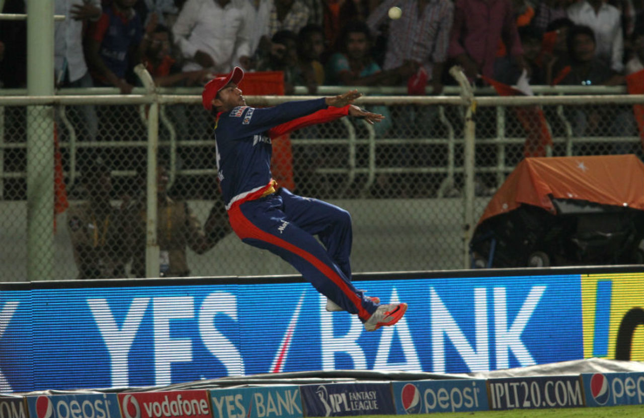 Mayank Agarwal pushes the ball back into play, Sunrisers Hyderabad v Delhi Daredevils, IPL 2015, Visakhapatnam, April 18, 2015