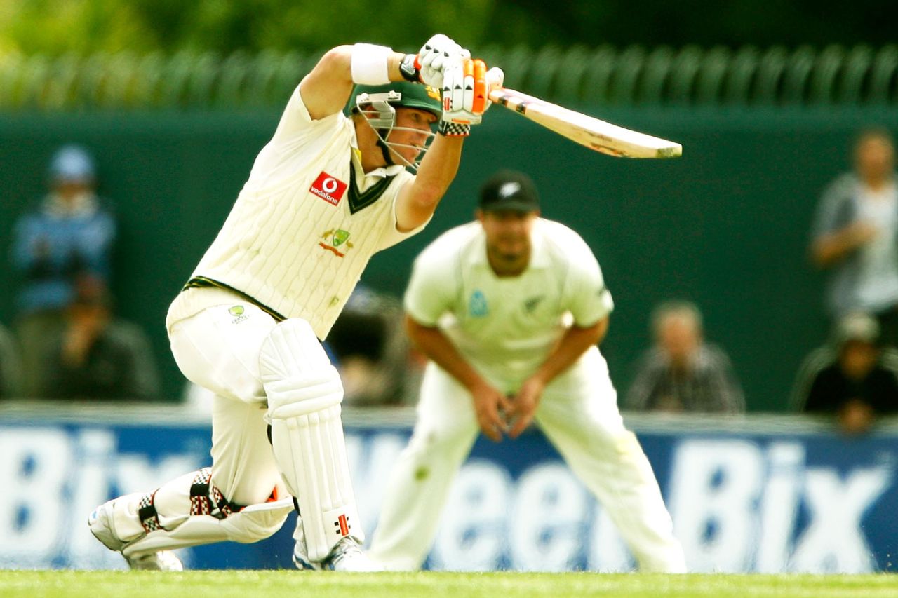 David Warner drives, Australia v New Zealand, 2nd Test, Hobart, 4th day, December 12 2011