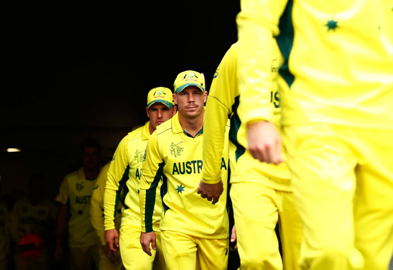 David Warner walks out with the Australian team, Australia v Scotland, World Cup 2015, Group A, Hobart, March 14, 2015