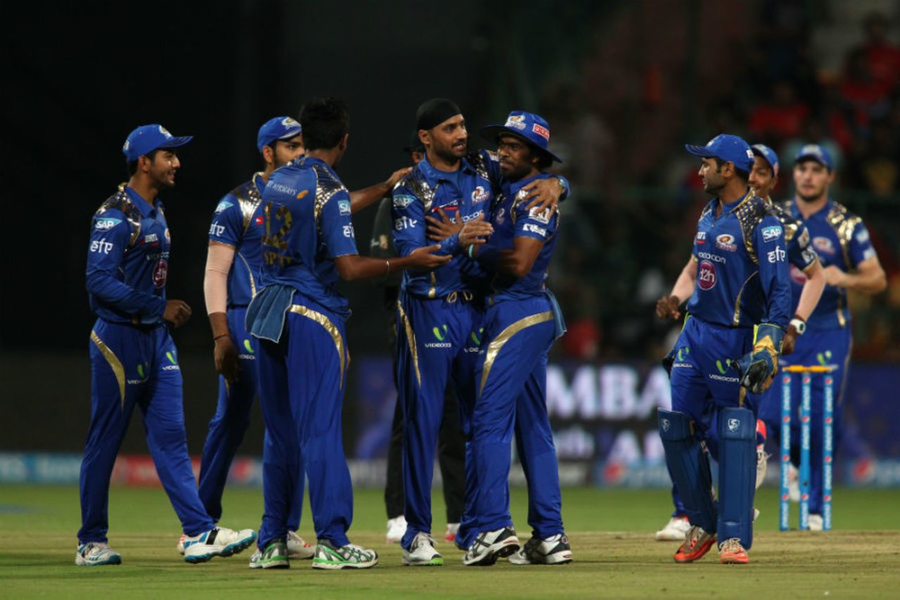 Harbhajan Singh is congratulated after picking a wicket, Royal Challengers Bangalore v Mumbai Indians, IPL 2015, Bangalore, April 19, 2015
