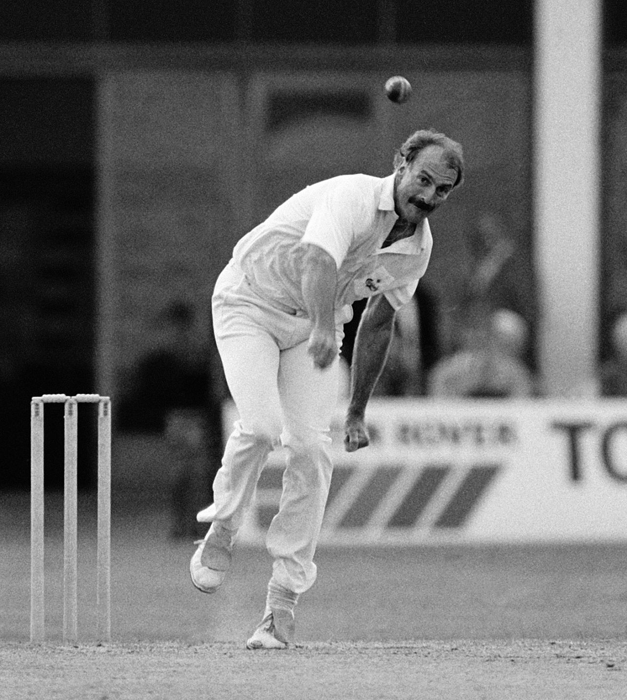 Dennis Lillee bowls for Northants, Northamptonshire v Gloucestershire, County Championship, 2nd day, Northampton, May 6, 1988