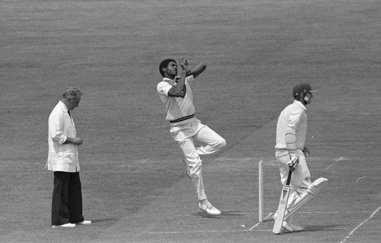 Michael Holding bowls, England v West Indies, 1984