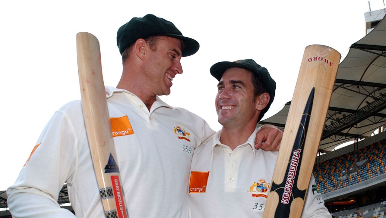 Centurions Matthew Hayden and Justin Langer pose, Australia v New Zealand, 1st Test, Brisbane, 1st day, November 8, 2001