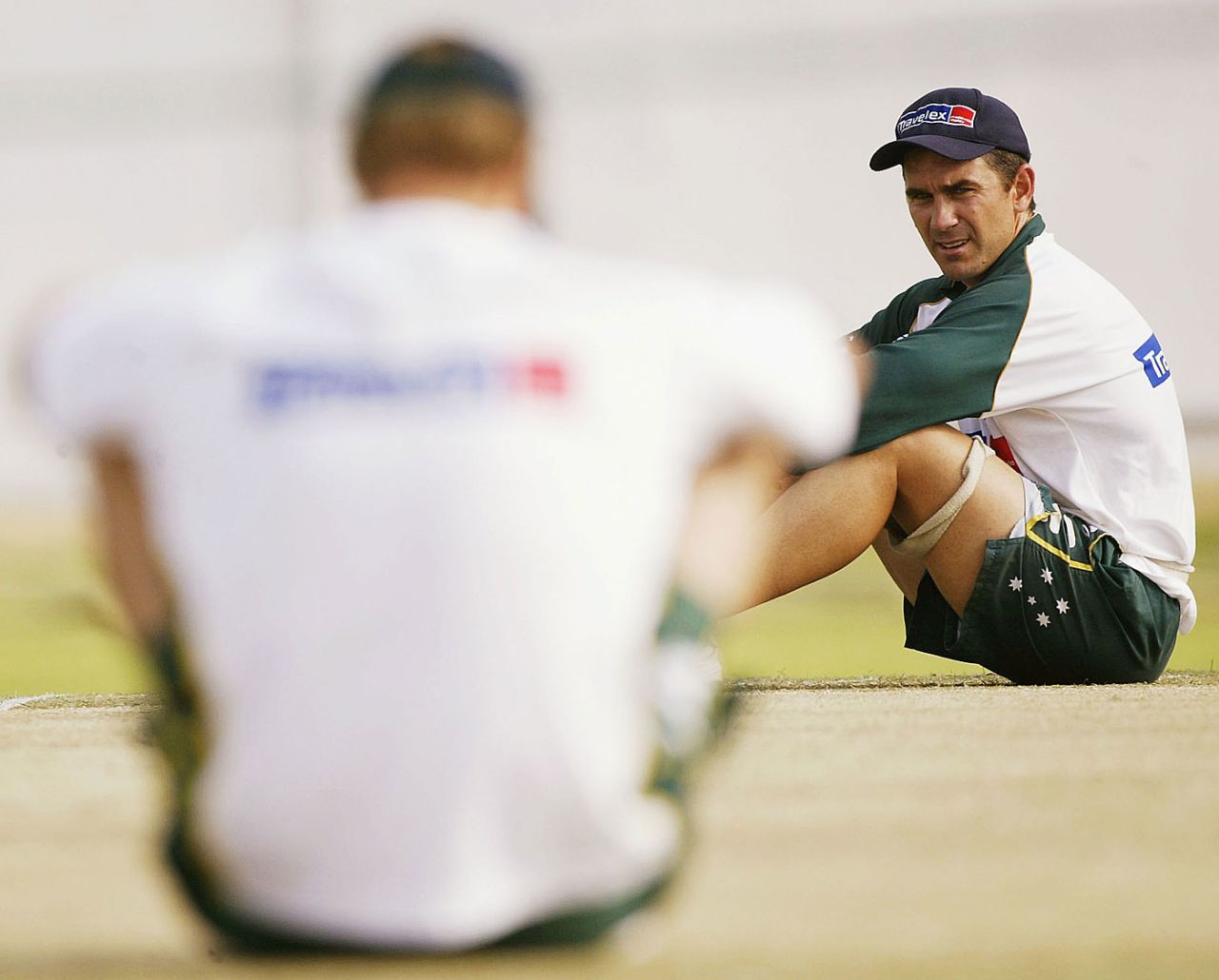 Matthew Hayden concentrates on the pitch as Justin Langer looks on, Colombo, March 23, 2004