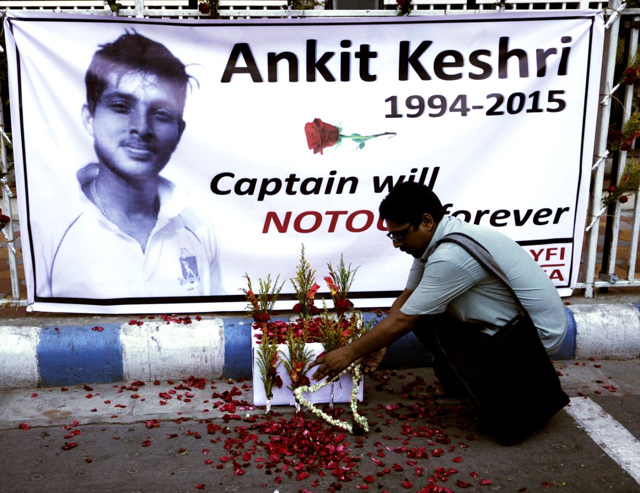 A poster in memory of Ankit Keshri, the Bengal player who died in hospital, Kolkata, April 21, 2015