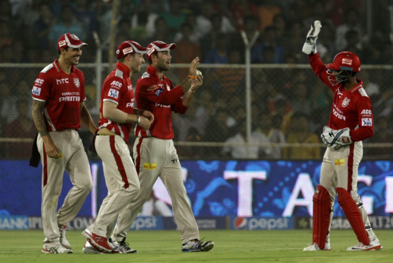 Glenn Maxwell celebrates a wicket with his team-mates, Rajasthan Royals v Kings XI Punjab, IPL 2015, Ahmedabad, April 21, 2015