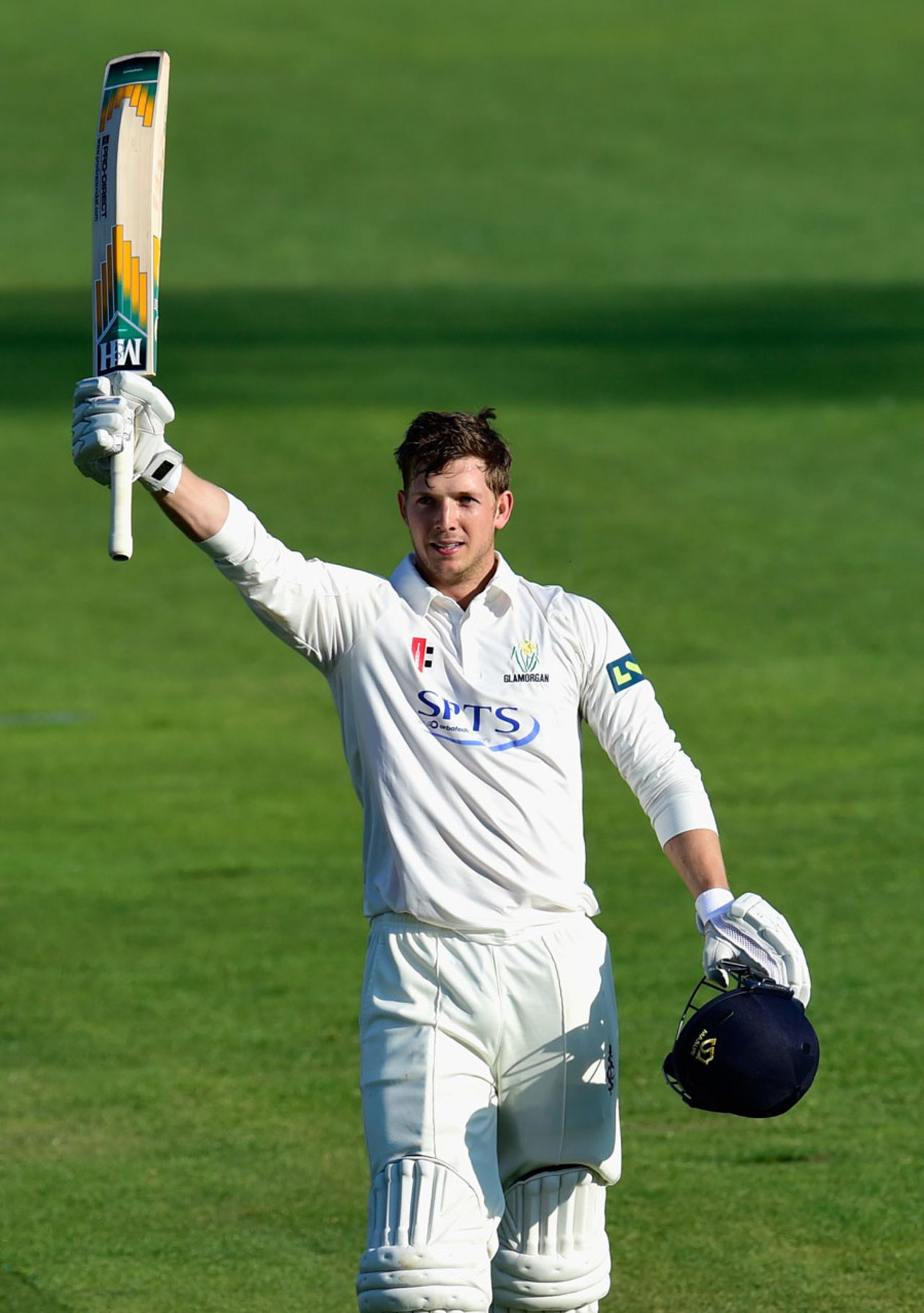 Craig Meschede celebrated his maiden hundred, Glamorgan v Surrey, County Championship, Division Two, 3rd day, Cardiff, April 21, 2015