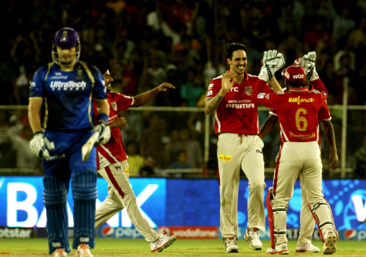 Mitchell Johnson celebrates the wicket of Shane Watson in the Super Over, Rajasthan Royals v Kings XI Punjab, IPL 2015, Ahmedabad, April 21, 2015