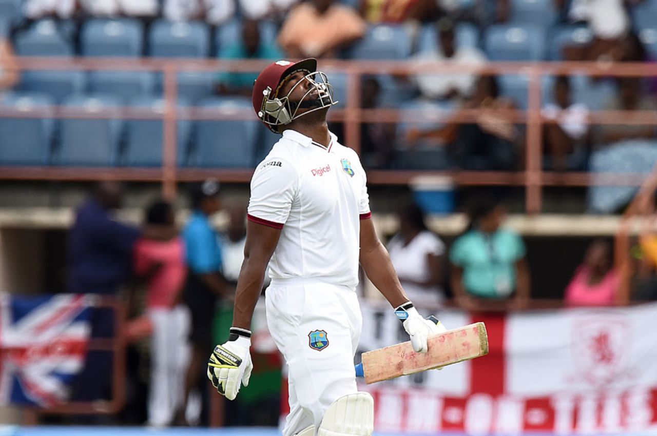 Darren Bravo throws his head back after edging to slip, West Indies v England, 2nd Test, St George's, 1st day, April 21, 2015