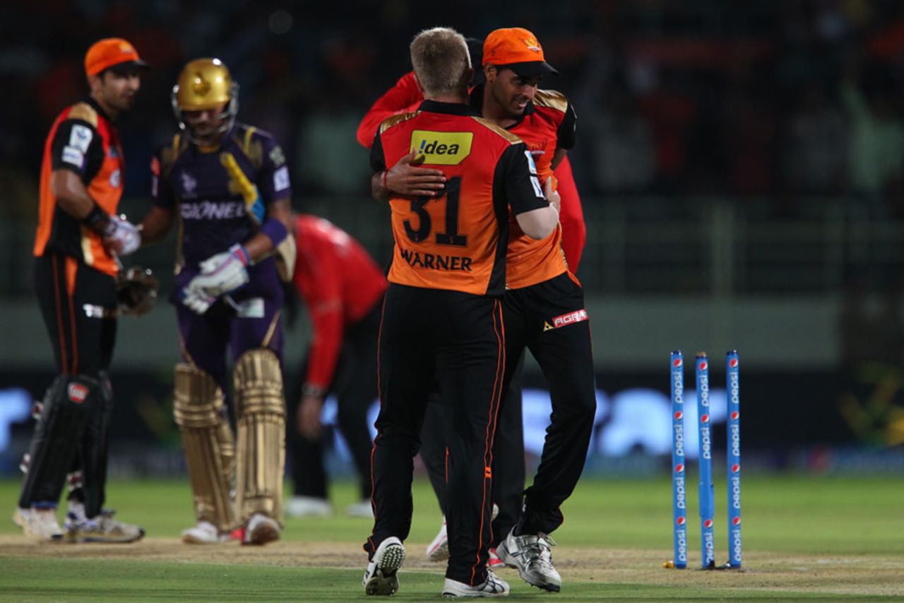 Sunrisers Hyderabad celebrate their victory, Sunrisers Hyderabad v Kolkata Knight Riders, IPL 2015, Vizag, April 22, 2015