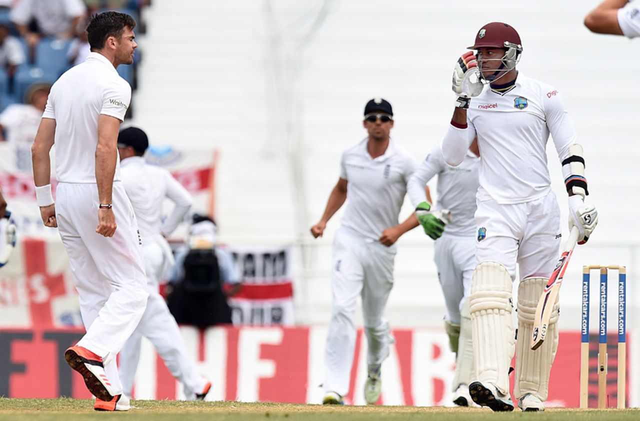 James Anderson had a little send-off for Marlon Samuels, West Indies v England, 2nd Test, St George's, 2nd day, April 22, 2015