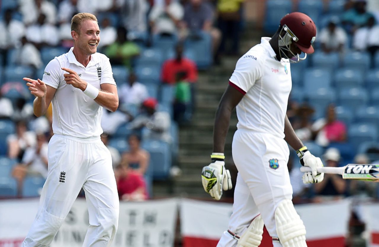 Stuart Broad enjoyed his removal of Jason Holder, West Indies v England, 2nd Test, St George's, 2nd day, April 22, 2015