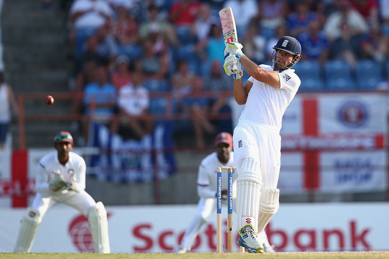 Alastair Cook began well against the new ball, West Indies v England, 2nd Test, St George's, 2nd day, April 22, 2015