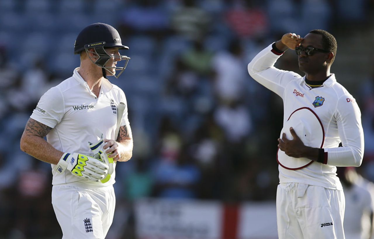Marlon Samuels salutes Ben Stokes after his dismissal, West Indies v England, 2nd Test, St George's, 3rd day, April 23, 2015