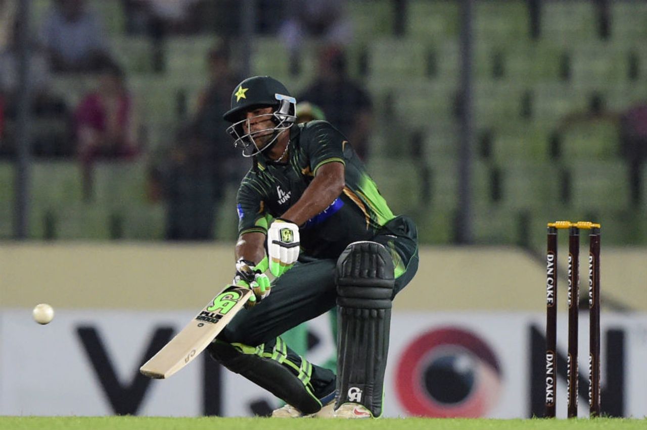 Debutant Mukhtar Ahmed attempts a ramp shot, Bangladesh v Pakistan, Only T20I, Dhaka, April 24, 2015 