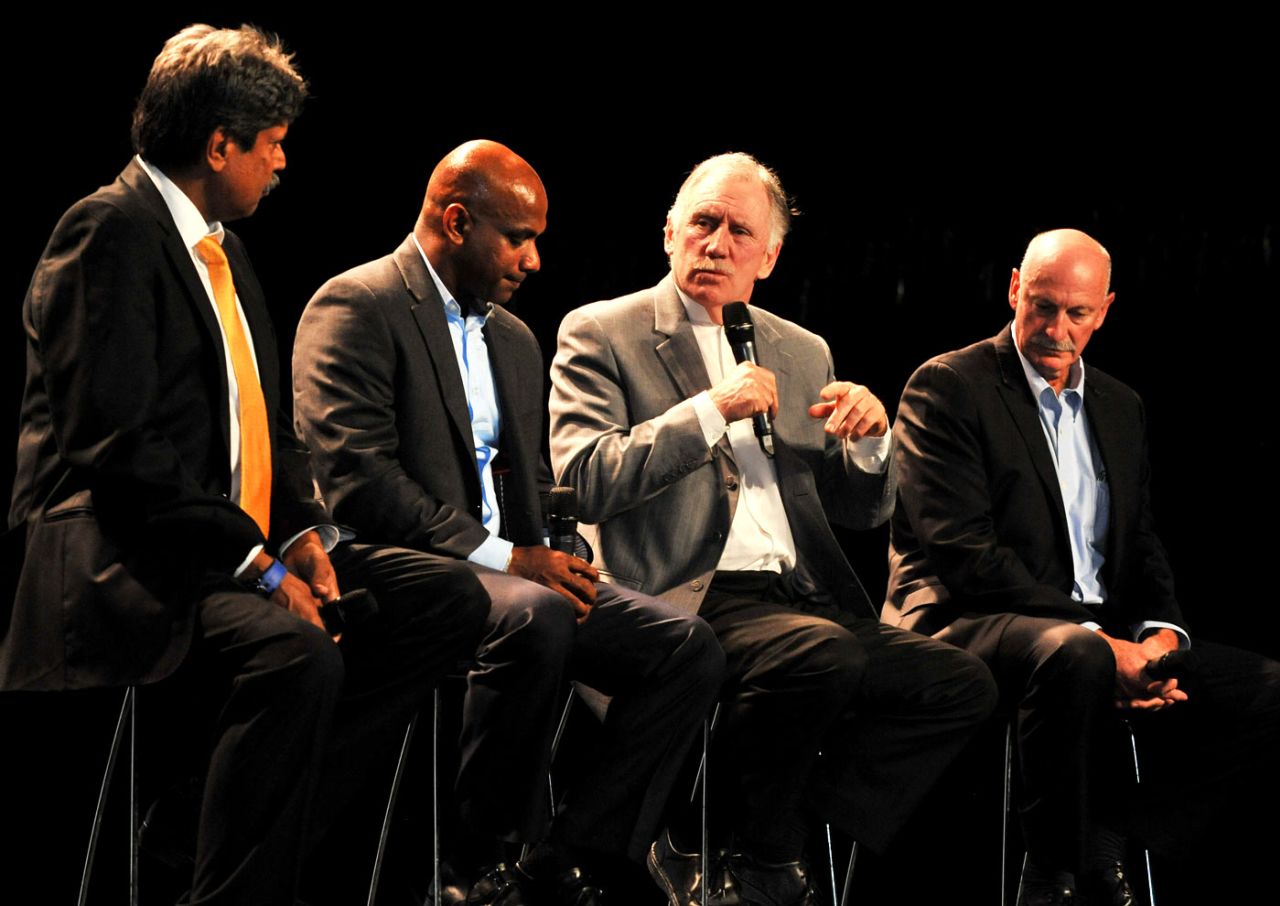 Kapil Dev, Sanath Jayasuriya, Ian Chappell and Dennis Lillee at the 2015 World Cup launch in Melbourne, Melbourne, July 30, 2013
