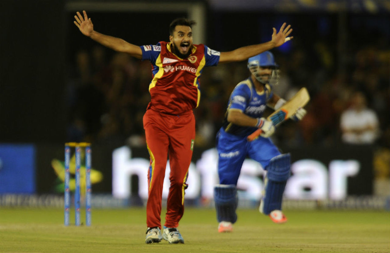 Harshal Patel successfully appeals for the wicket of Ajinkya Rahane, Rajasthan Royals v Royal Challengers Bangalore, IPL 2015, Ahmedabad, April 24, 2015