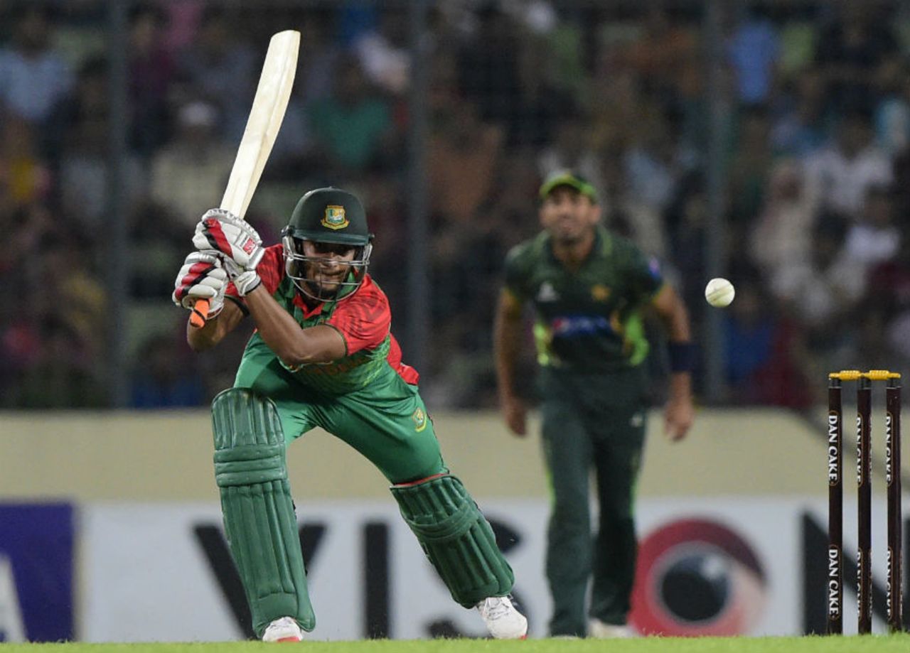Shakib Al Hasan drives through the off side, Bangladesh v Pakistan, Only T20I, Dhaka, April 24, 2015 