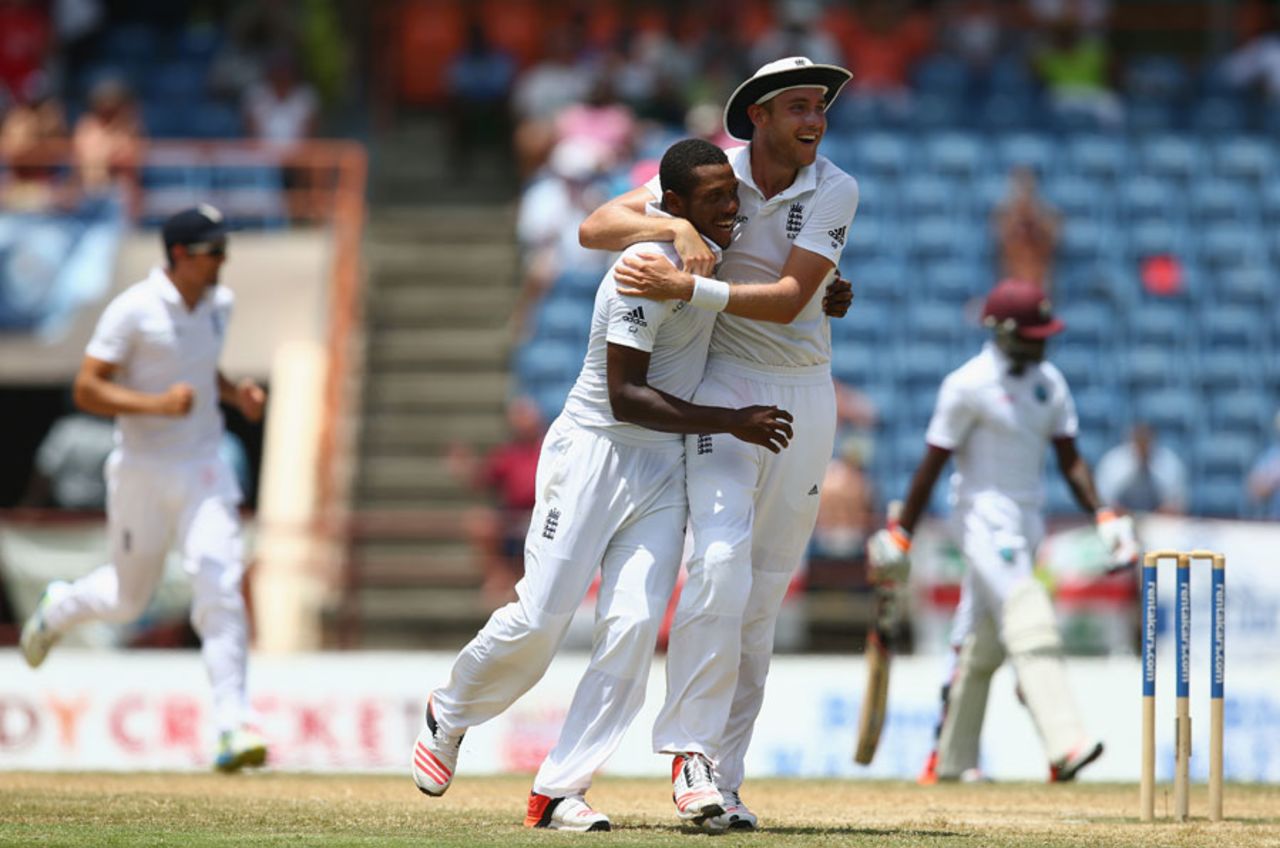Chris Jordan gets a hug from Stuart Broad, West Indies v England, 2nd Test, St George's, 5th day, April 25, 2015