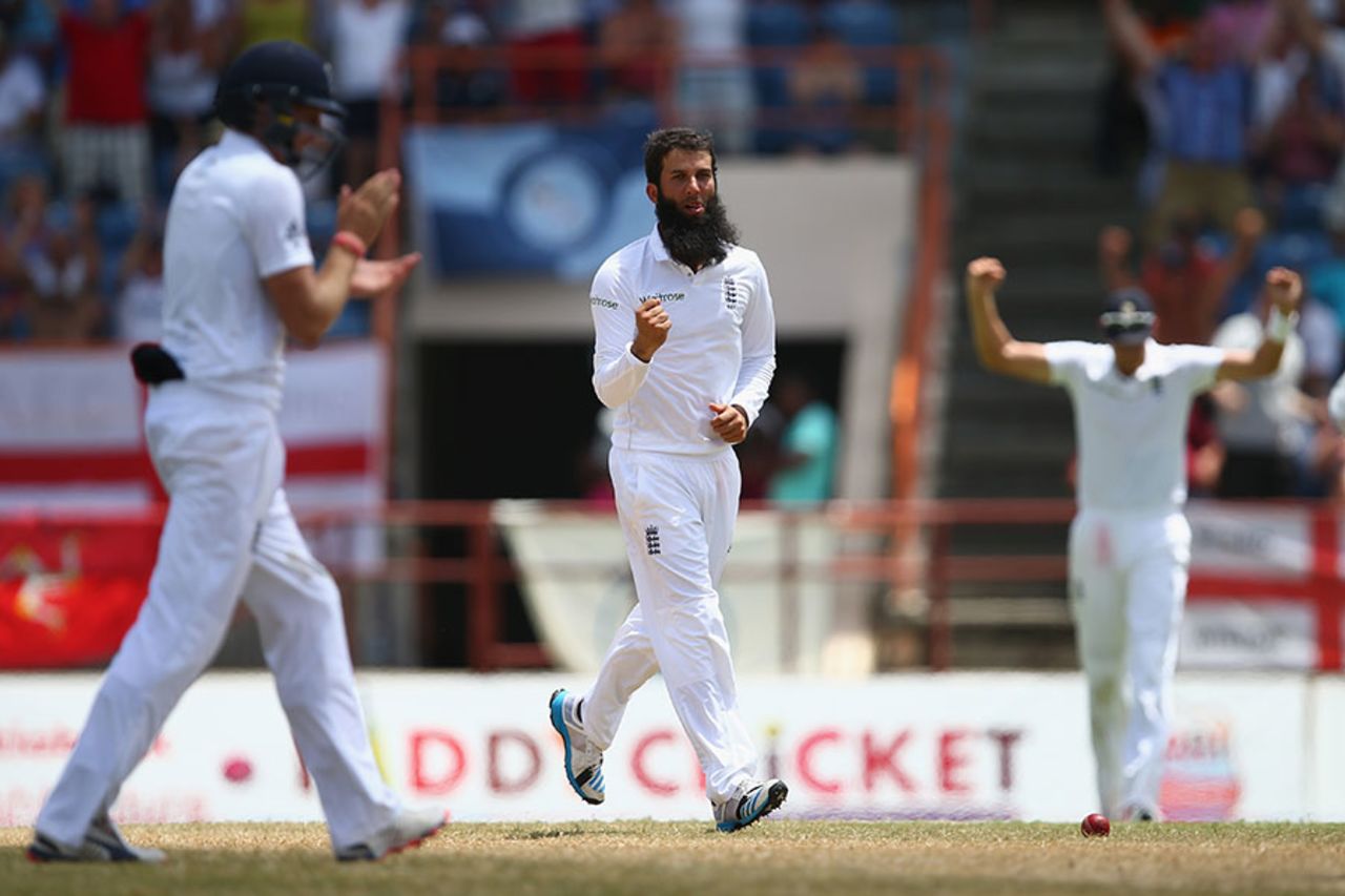 Moeen Ali finished off the innings with two lbws, West Indies v England, 2nd Test, St George's, 5th day, April 25, 2015