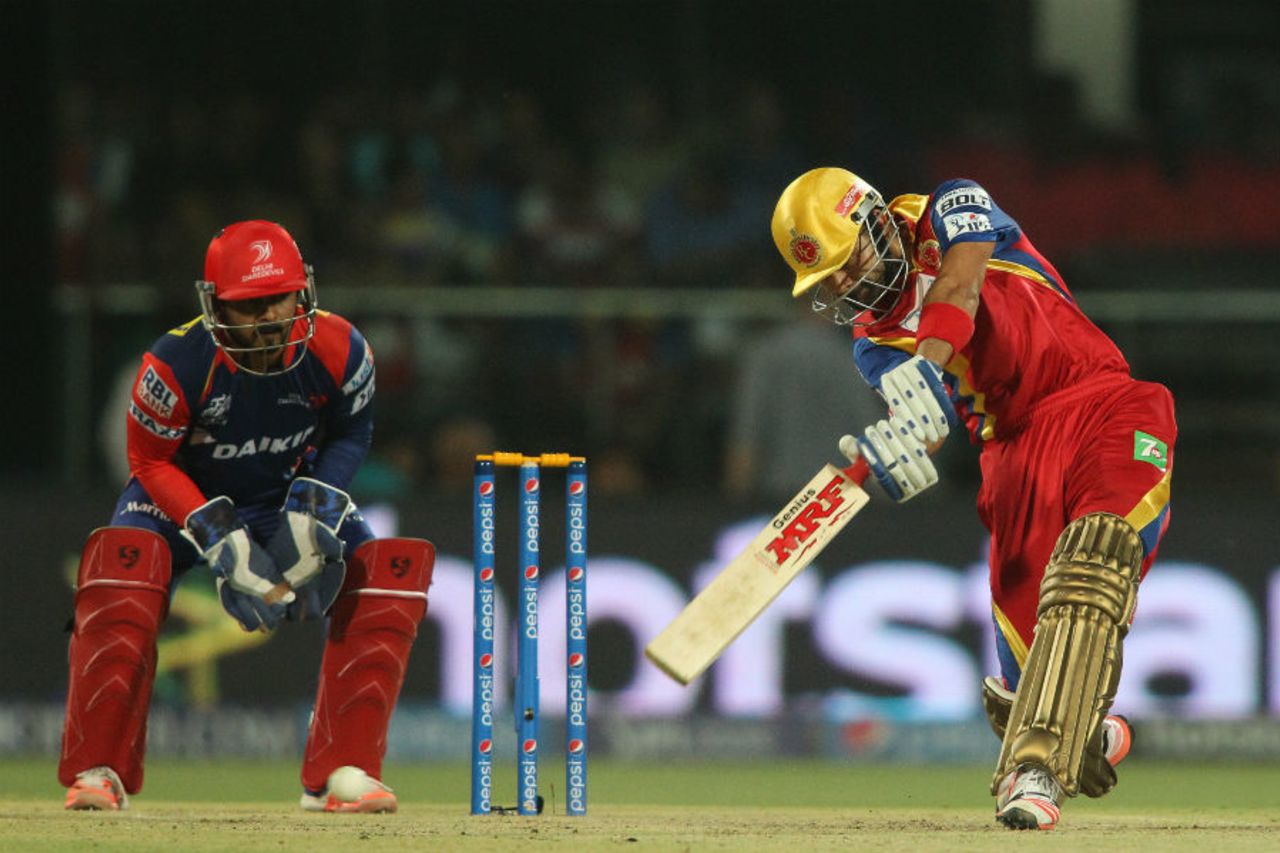 Virat Kohli drives through cover, Delhi Daredevils v Royal Challengers Bangalore, IPL 2015, Delhi, April 26, 2015